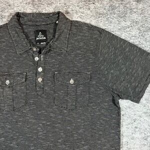 PrAna Polo Shirt Men's Large Black Striped Short Sleeve Organic Cotton Gorpcore